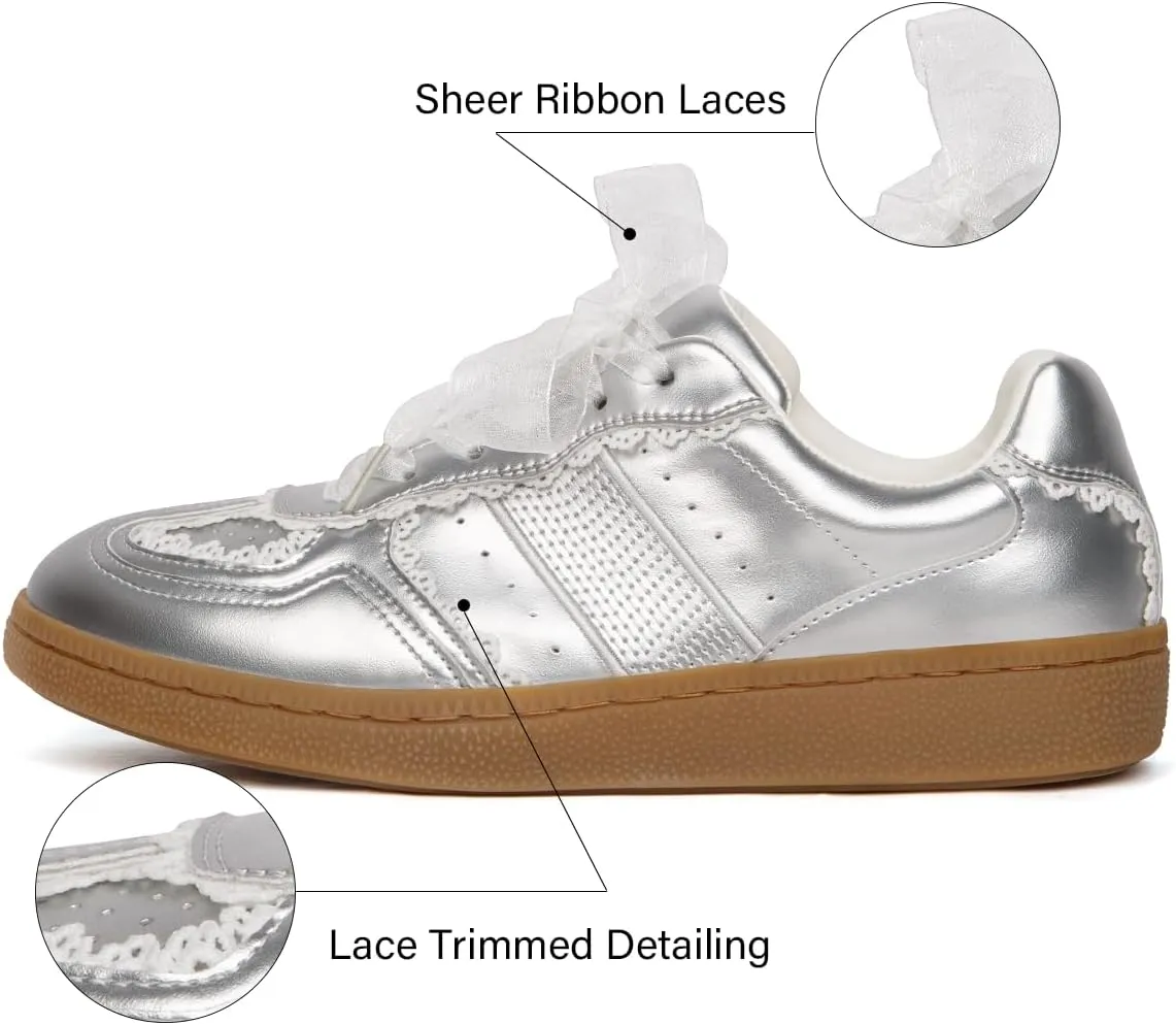 Sneakers for Women Lace Detail – Elegant Ribbon Lace-Up Womens Sneakers with Leather Upper Memory Foam Insole and Non-Slip Casual Shoes for Women Spring Shoes Low Top