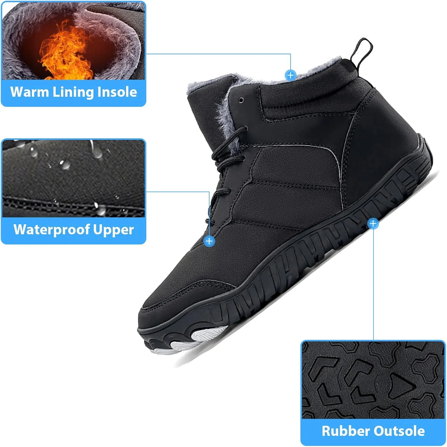 Snow Boots Mens Waterproof Winter Boots Wide Toe Box Snow Boots Fur Lined Booties Non-Slip Lightweight Winter Shoes