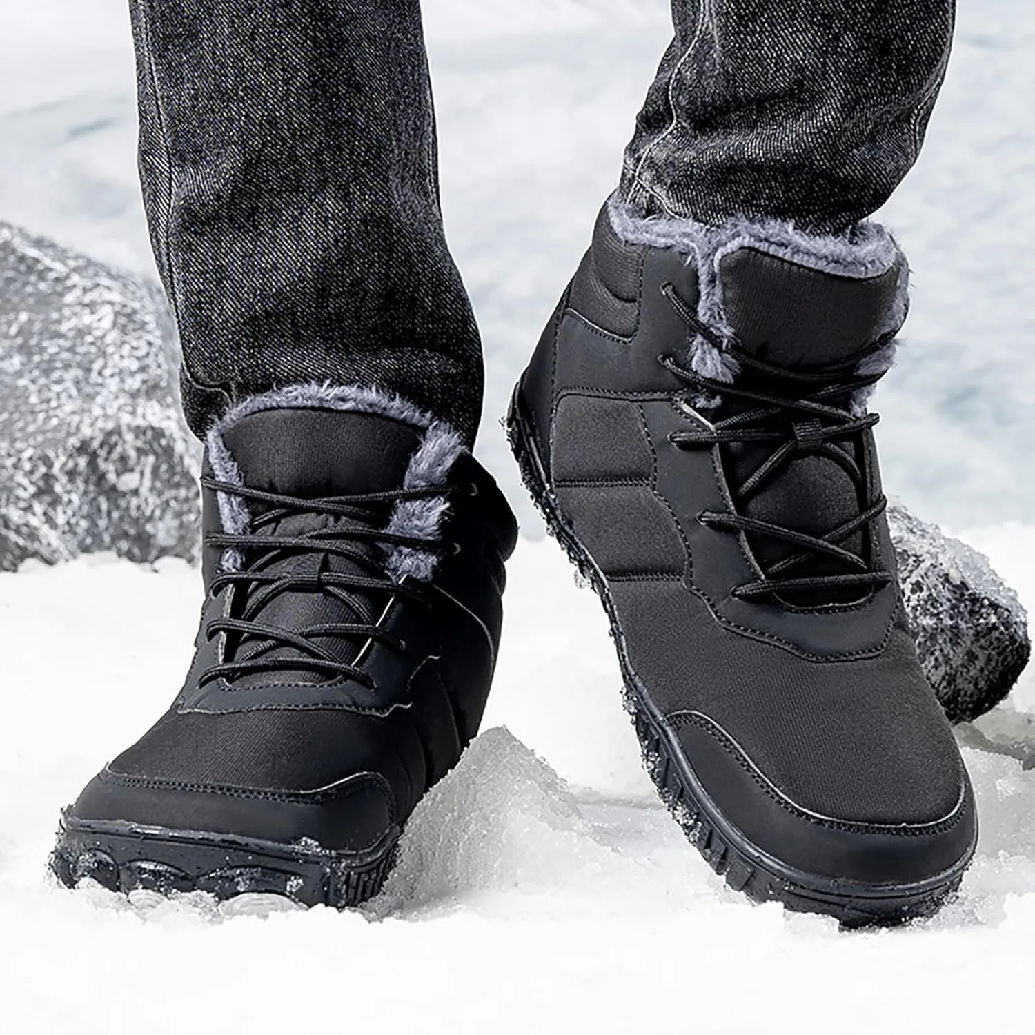 Snow Boots Mens Waterproof Winter Boots Wide Toe Box Snow Boots Fur Lined Booties Non-Slip Lightweight Winter Shoes