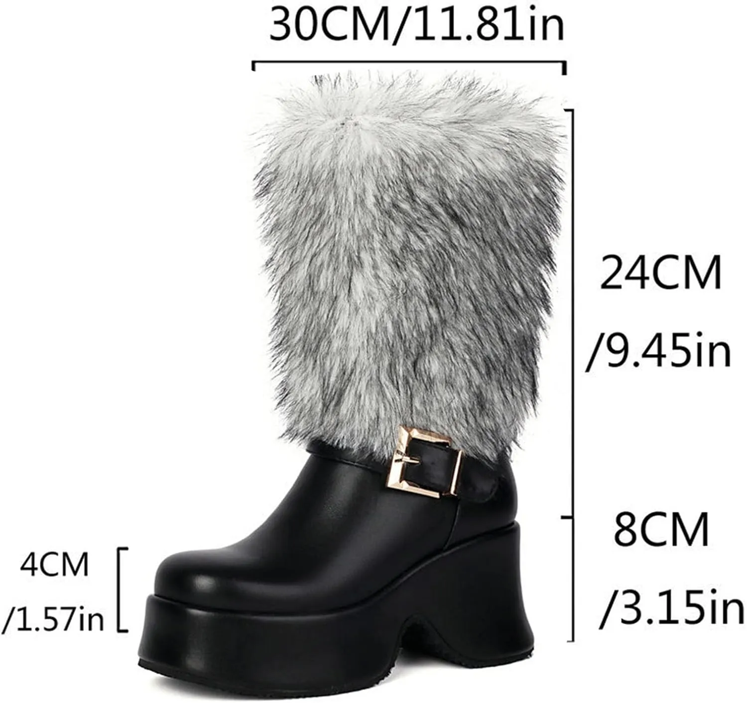 Snow Boots, Mid-Calf Boots Square Toe High Heel Waterproof Platform Pull-On Plus Velvet Warm Raw Edge Waterproof Non-Slip Boots Patent Leather Buckle Decorative Boots