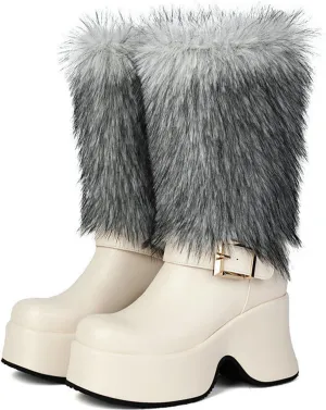 Snow Boots, Mid-Calf Boots Square Toe High Heel Waterproof Platform Pull-On Plus Velvet Warm Raw Edge Waterproof Non-Slip Boots Patent Leather Buckle Decorative Boots