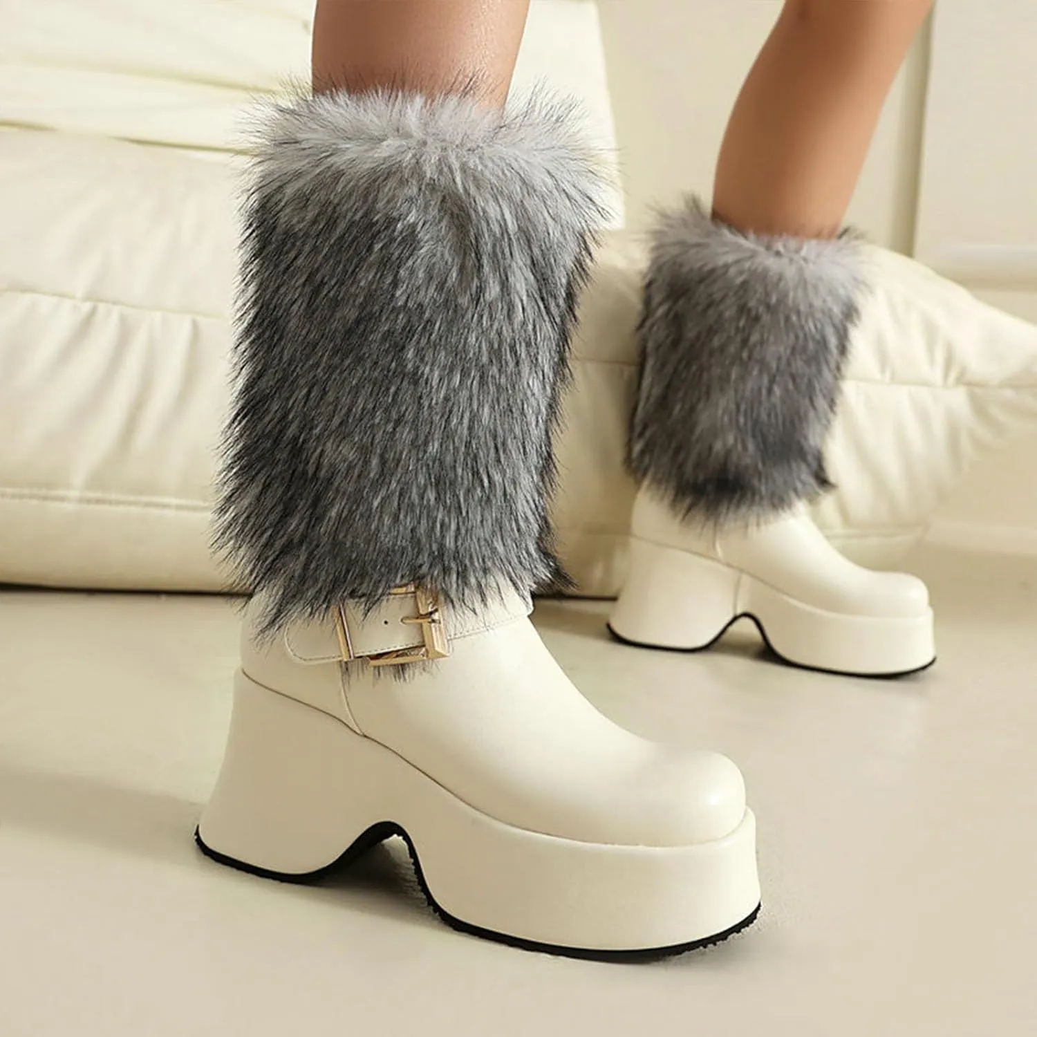 Snow Boots, Mid-Calf Boots Square Toe High Heel Waterproof Platform Pull-On Plus Velvet Warm Raw Edge Waterproof Non-Slip Boots Patent Leather Buckle Decorative Boots