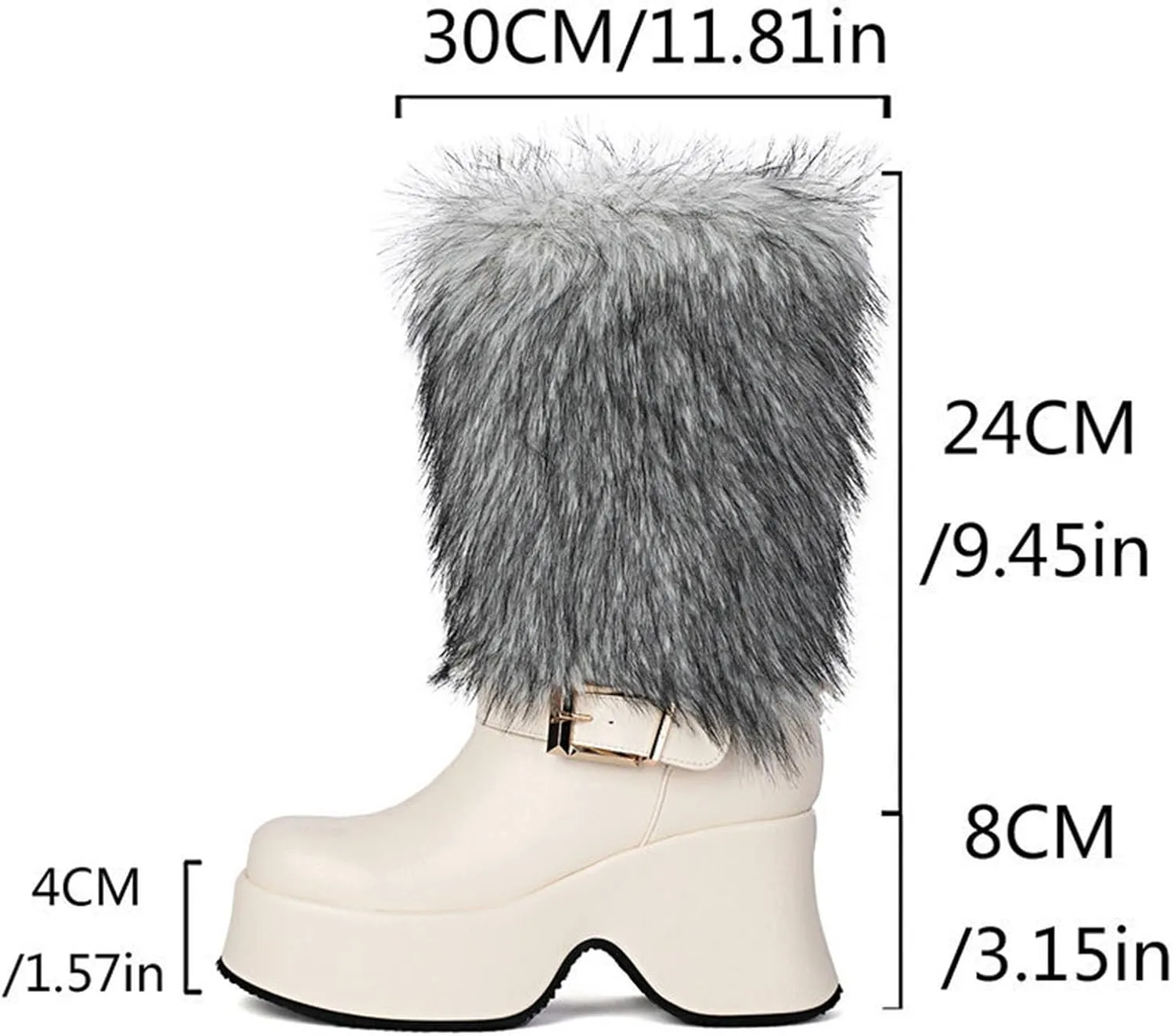 Snow Boots, Mid-Calf Boots Square Toe High Heel Waterproof Platform Pull-On Plus Velvet Warm Raw Edge Waterproof Non-Slip Boots Patent Leather Buckle Decorative Boots
