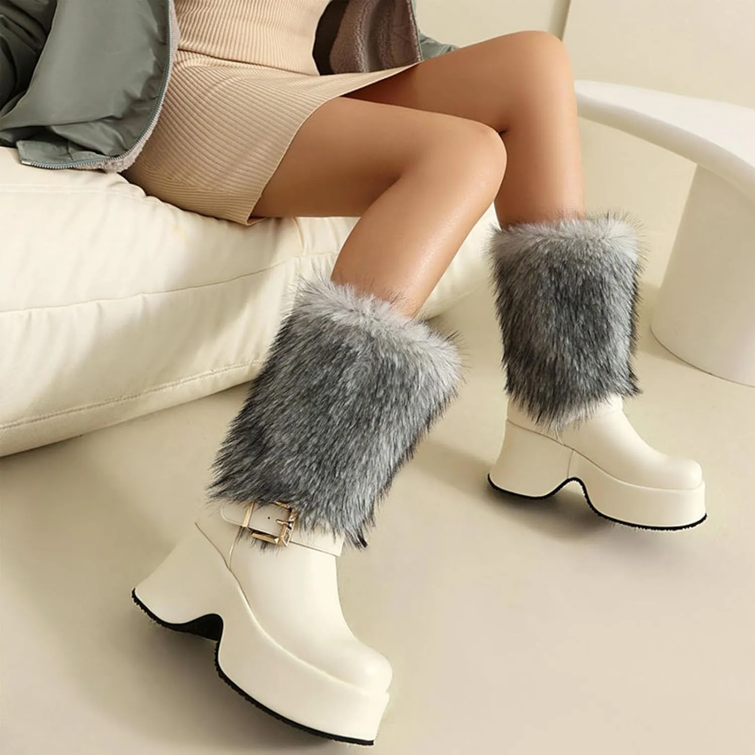 Snow Boots, Mid-Calf Boots Square Toe High Heel Waterproof Platform Pull-On Plus Velvet Warm Raw Edge Waterproof Non-Slip Boots Patent Leather Buckle Decorative Boots