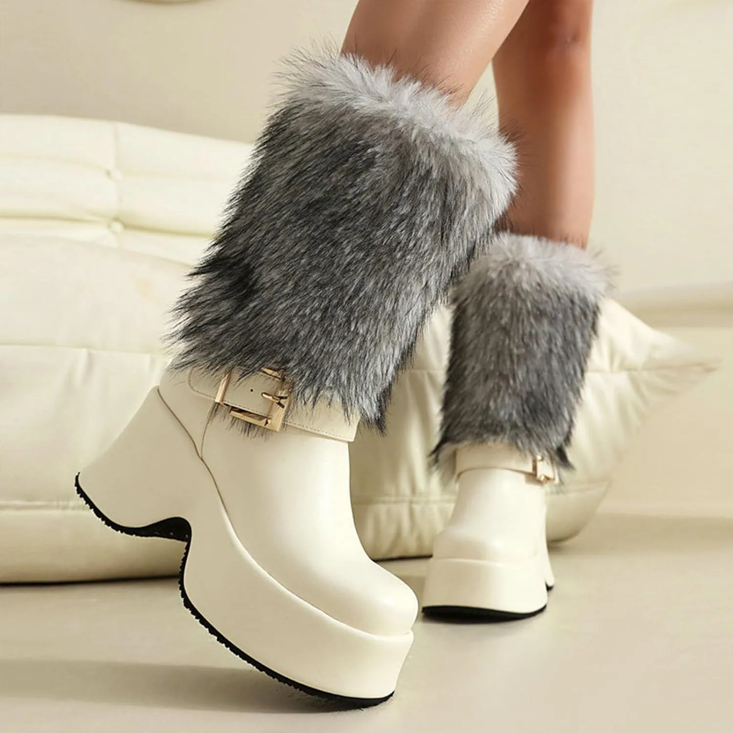 Snow Boots, Mid-Calf Boots Square Toe High Heel Waterproof Platform Pull-On Plus Velvet Warm Raw Edge Waterproof Non-Slip Boots Patent Leather Buckle Decorative Boots