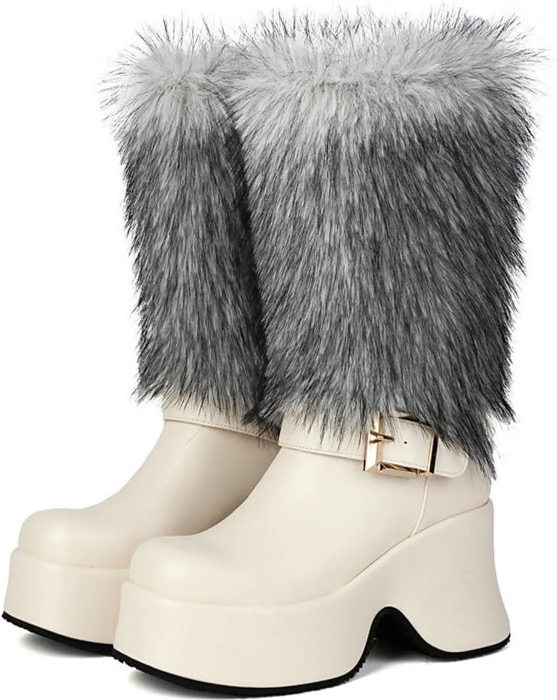 Snow Boots, Mid-Calf Boots Square Toe High Heel Waterproof Platform Pull-On Plus Velvet Warm Raw Edge Waterproof Non-Slip Boots Patent Leather Buckle Decorative Boots
