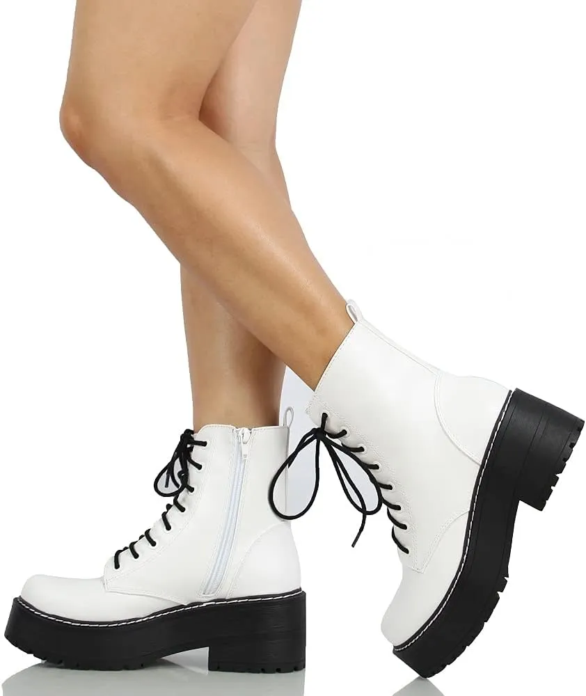 Soda Women's Lace Up Combat High Platform Ankle Boot