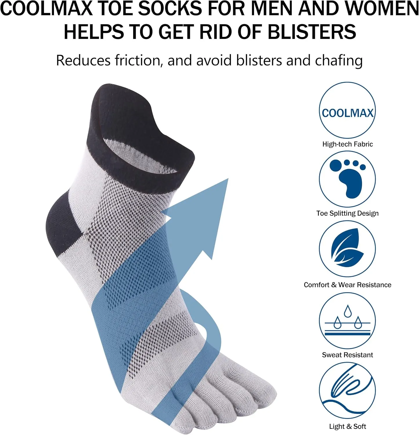 SPST Toe Socks for Men and Women, Coolmax Five Finger Ankle Socks, Athletic Running Socks, 3 Pairs