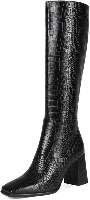 Square Toe Knee High Boots for Women Stylish Tall Boots Chunky Heel Long Boots Crocodile Boots Side Zipper.