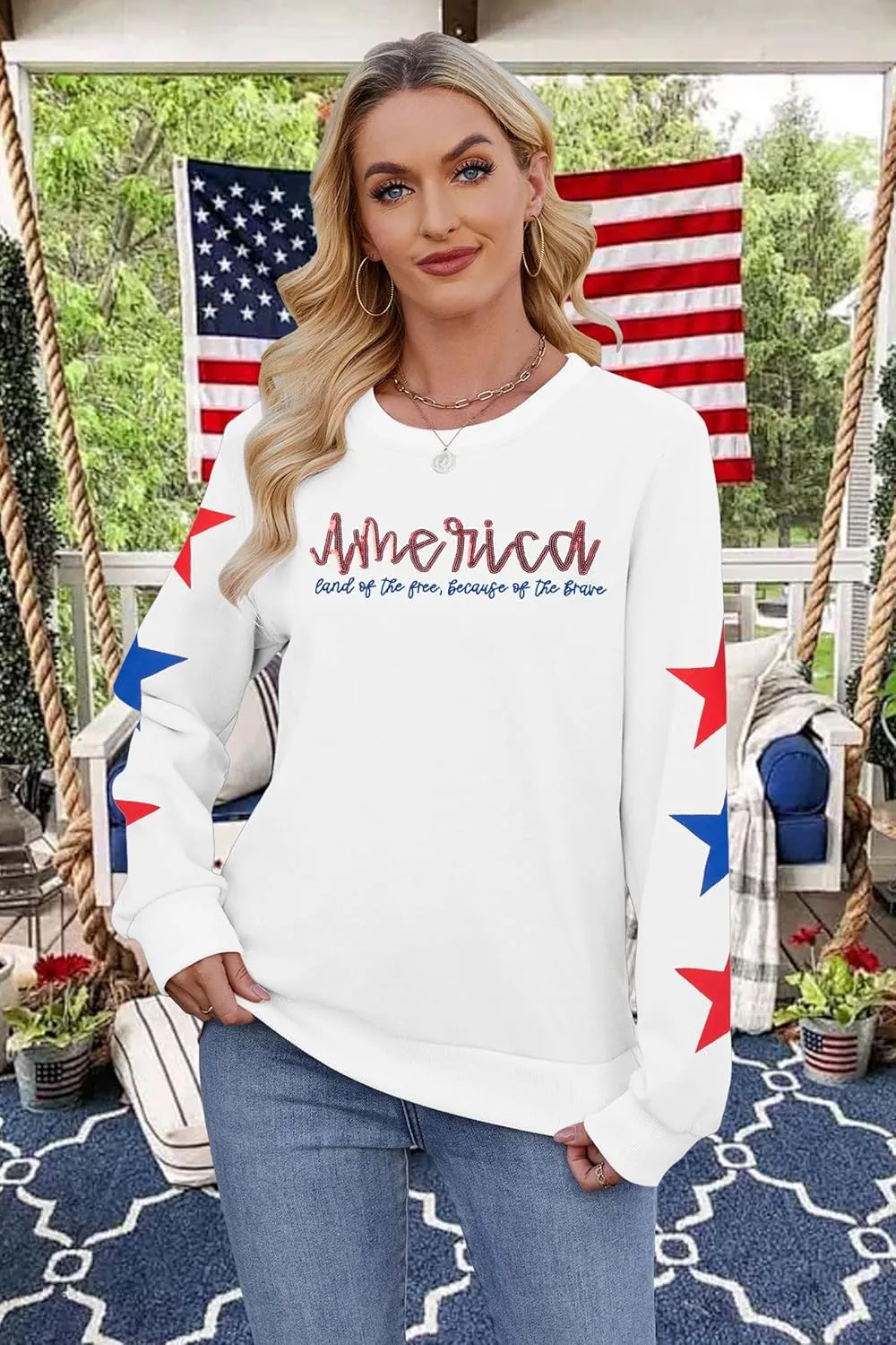 SUPEYA Womens USA Sweatshirt American Flag Graphic Pullover Crewneck Long Sleeve Tees Clothes 4th of July Tee Tops