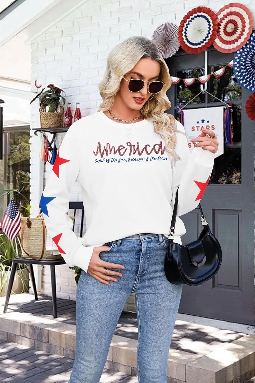 SUPEYA Womens USA Sweatshirt American Flag Graphic Pullover Crewneck Long Sleeve Tees Clothes 4th of July Tee Tops