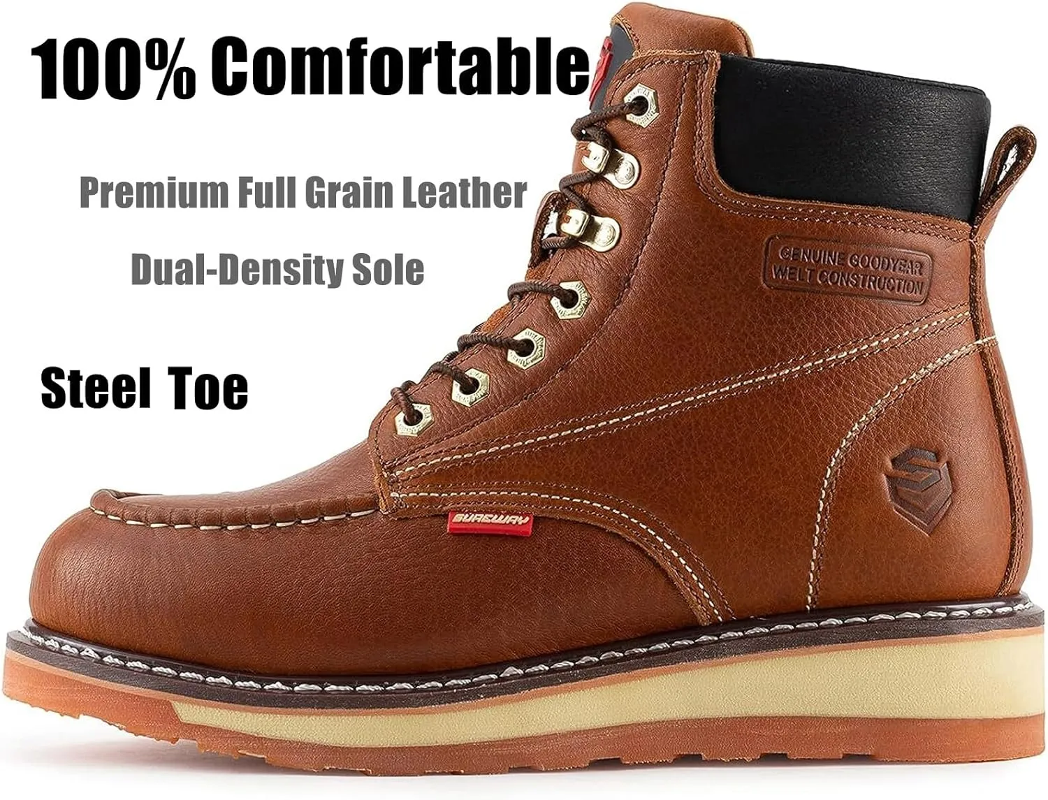 SUREWAY Mens Heavy Duty Soft/Composite/Steel Toe Work Boots for Men-Comfortable,Goodyear Welt,Full Grain Leather,6 in Wedge Moc Toe Construction Boots/Shoes