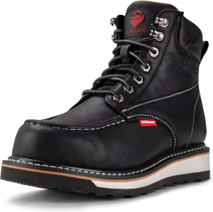 SUREWAY Mens Heavy Duty Soft/Composite/Steel Toe Work Boots for Men-Comfortable,Goodyear Welt,Full Grain Leather,6 in Wedge Moc Toe Construction Boots/Shoes,Steel Toe White Sole,Size 10