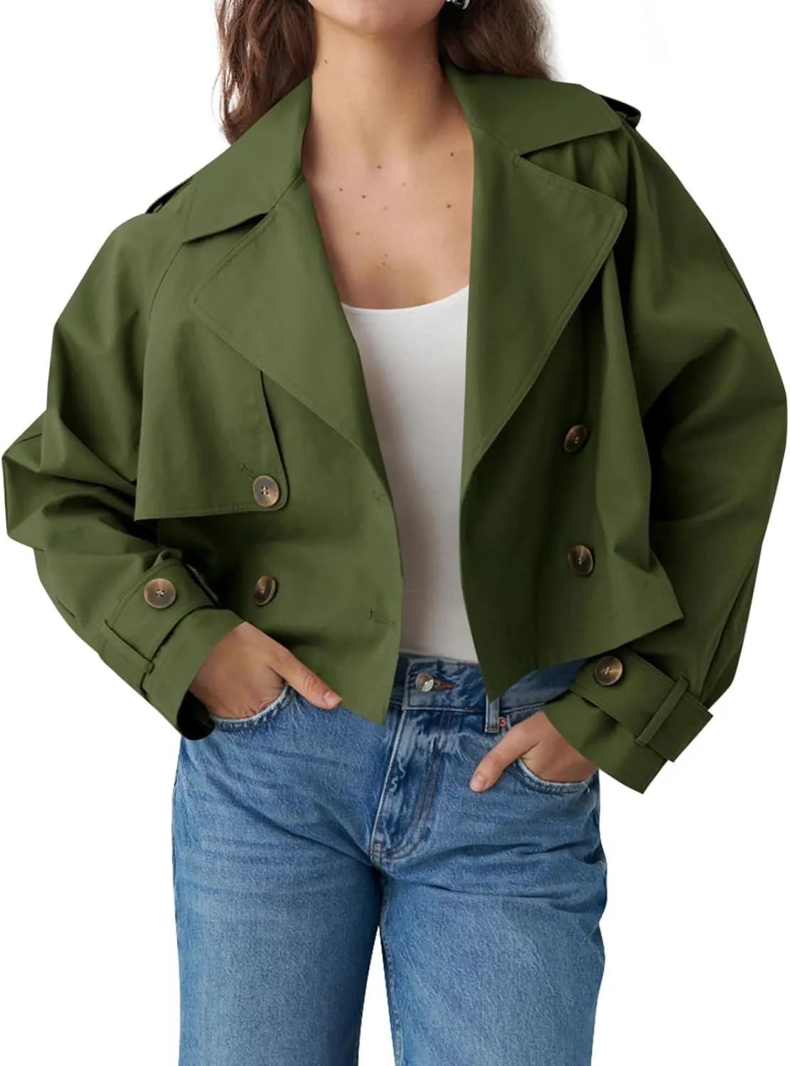 Tankaneo Womens Cropped Trench Coat Lapel Double Breasted Short Jacket Outwear