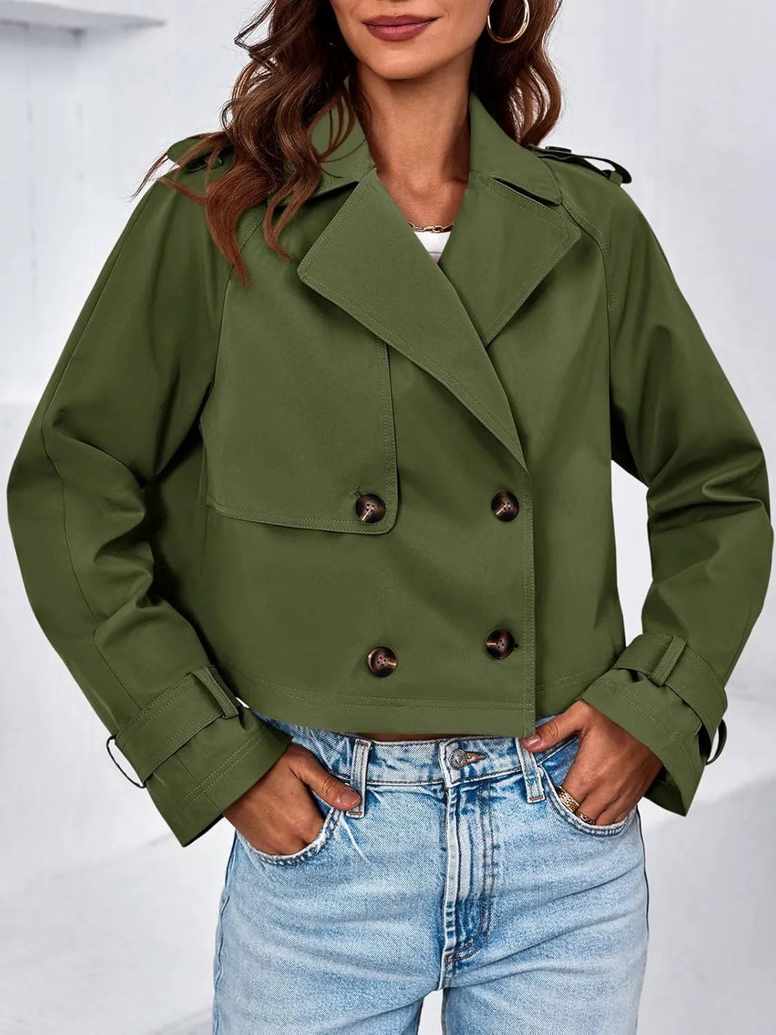Tankaneo Womens Cropped Trench Coat Lapel Double Breasted Short Jacket Outwear
