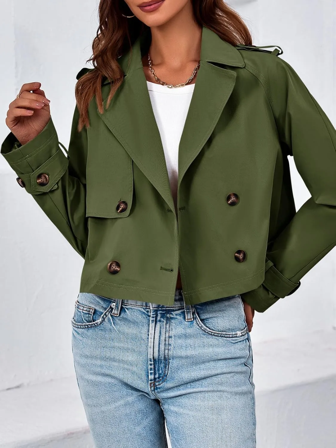 Tankaneo Womens Cropped Trench Coat Lapel Double Breasted Short Jacket Outwear