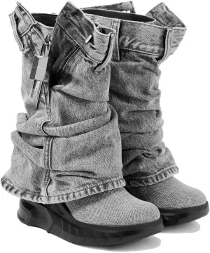 THESHY Womens Denim Ankle Boots Round Toe Lock Fold Over Bootie Zipped Side Mid Calf Wedge Heel Fashion Party Biker Boots for Women