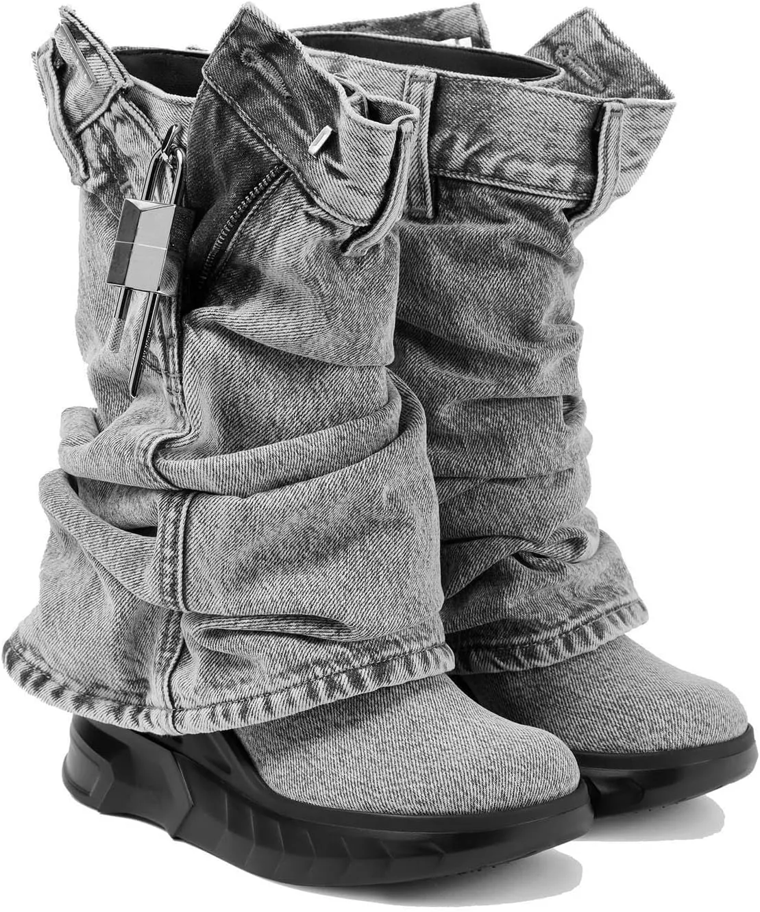THESHY Womens Denim Ankle Boots Round Toe Lock Fold Over Bootie Zipped Side Mid Calf Wedge Heel Fashion Party Biker Boots for Women