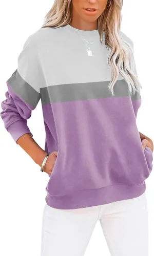 TICTICMIMI Women's Casual Long Sleeve Color Block/Solid Tops Crewneck Sweatshirts Cute Loose Fit Pullover with Pockets