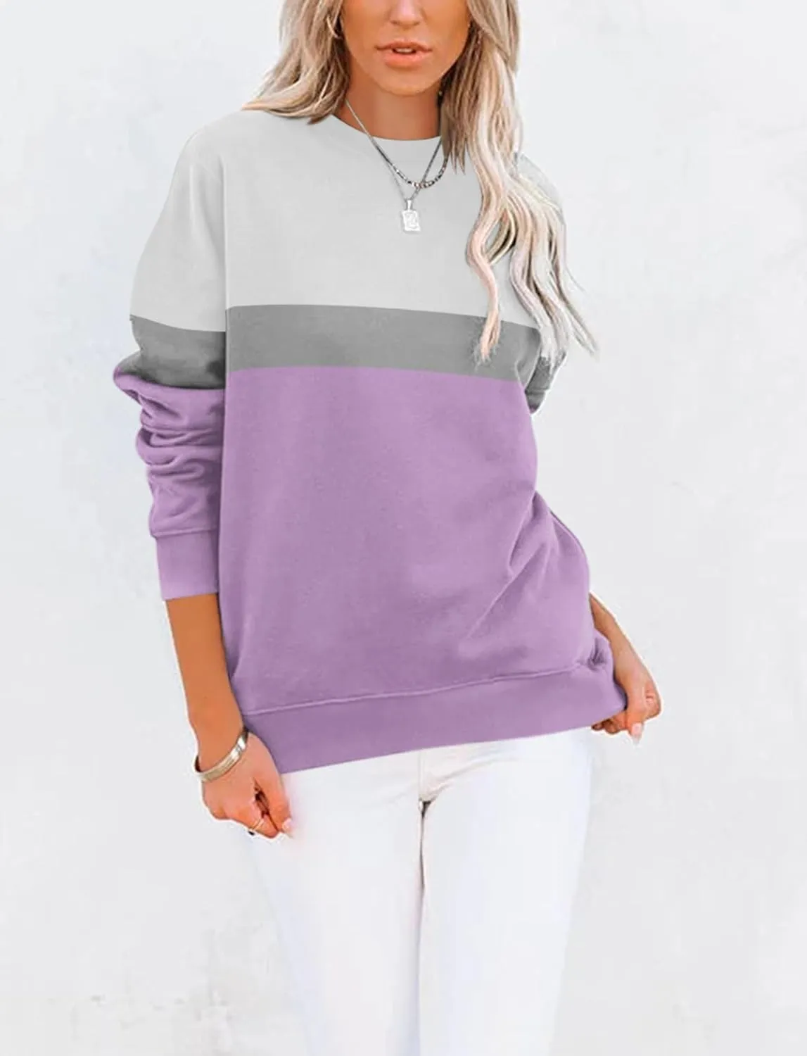 TICTICMIMI Women's Casual Long Sleeve Color Block/Solid Tops Crewneck Sweatshirts Cute Loose Fit Pullover with Pockets