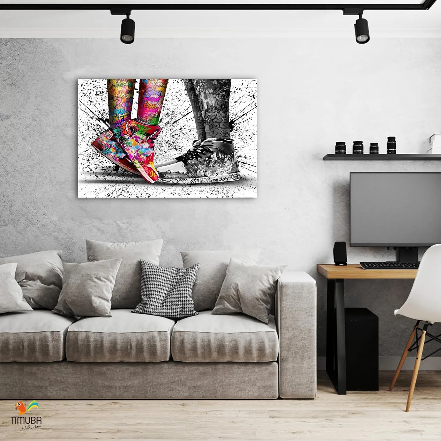 TIMUBA Graffiti Canvas Wall Art - Banksy Canvas Wall Art Cool Framed Posters for Guys Bedroom Decor, Graffiti Couple Sneakers Pictures Pop Street Art For Men's Room Man Cave Wall Decor 24''x36''