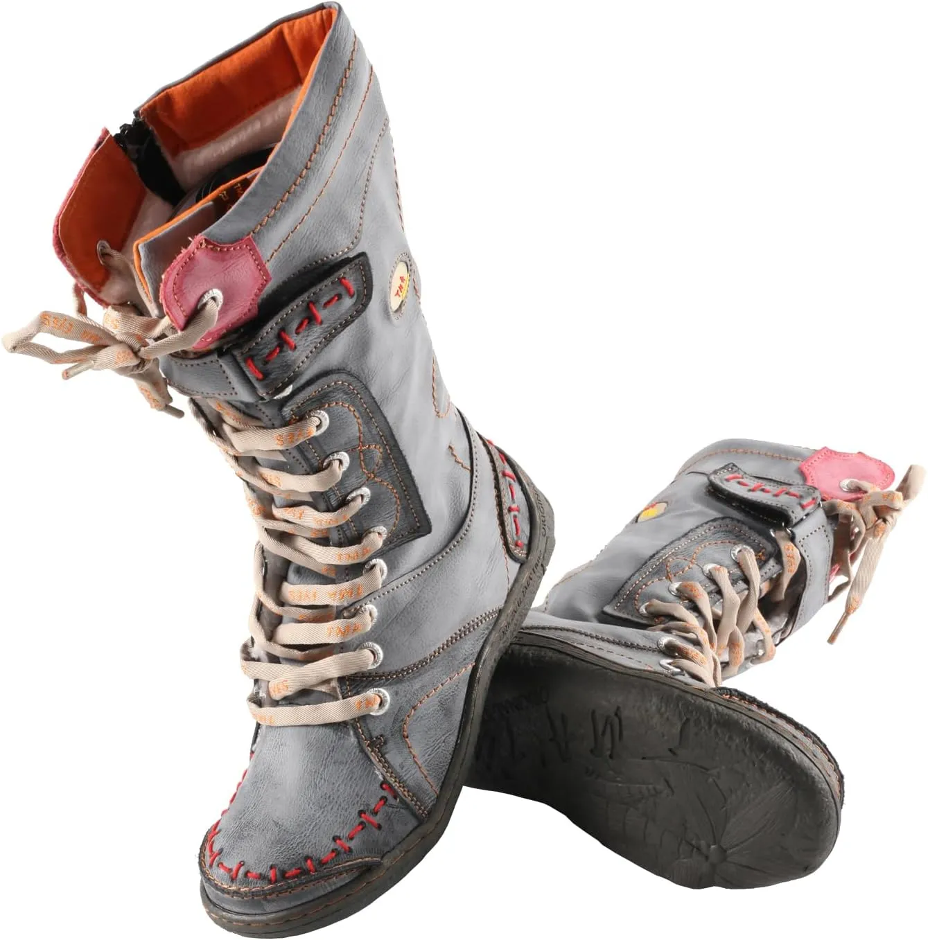 TMA EYES Women's Leather Casual Mid-Calf Boots Fashion Non-slip and Patchwork With Handstitching upper Boots