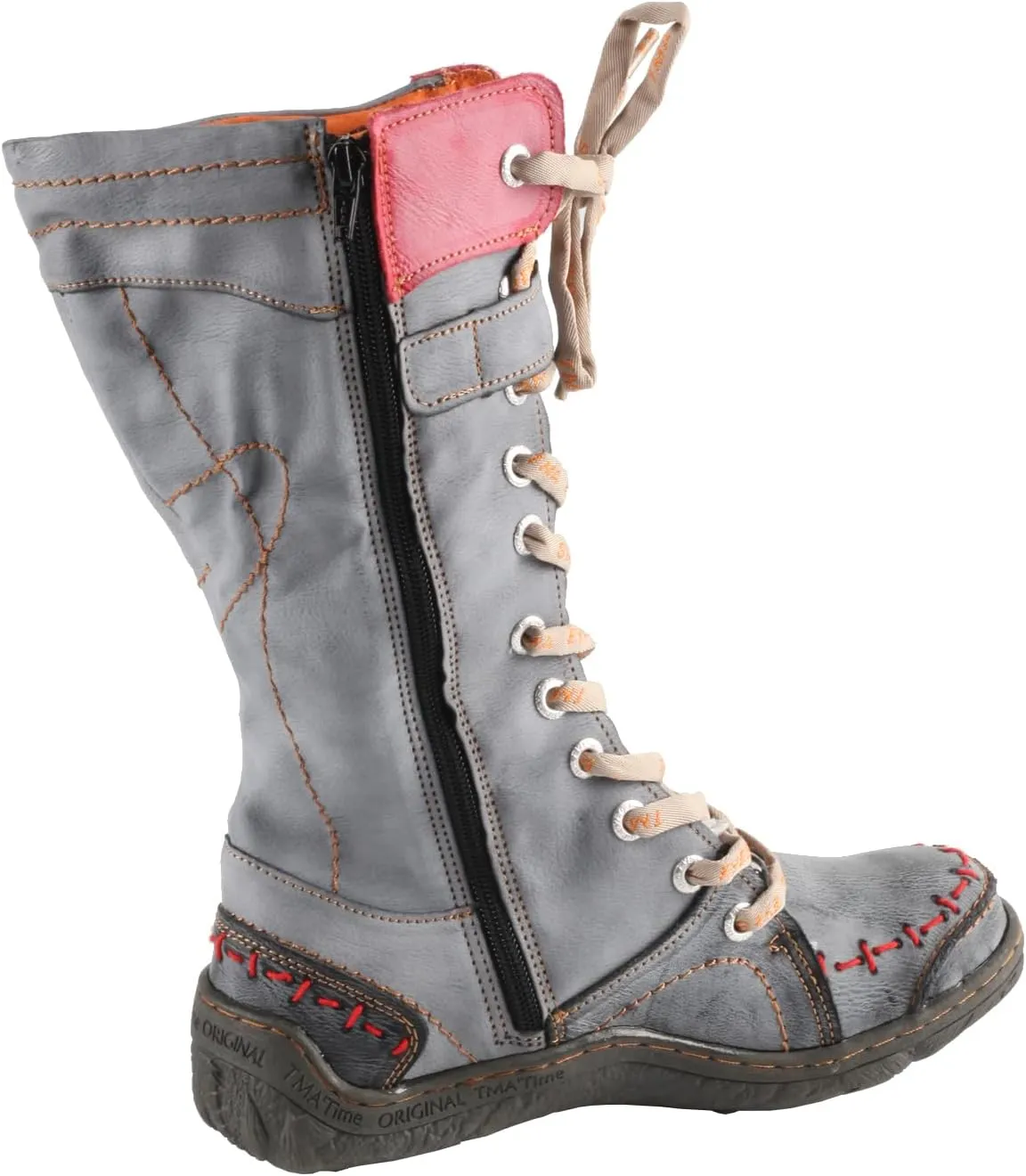 TMA EYES Women's Leather Casual Mid-Calf Boots Fashion Non-slip and Patchwork With Handstitching upper Boots