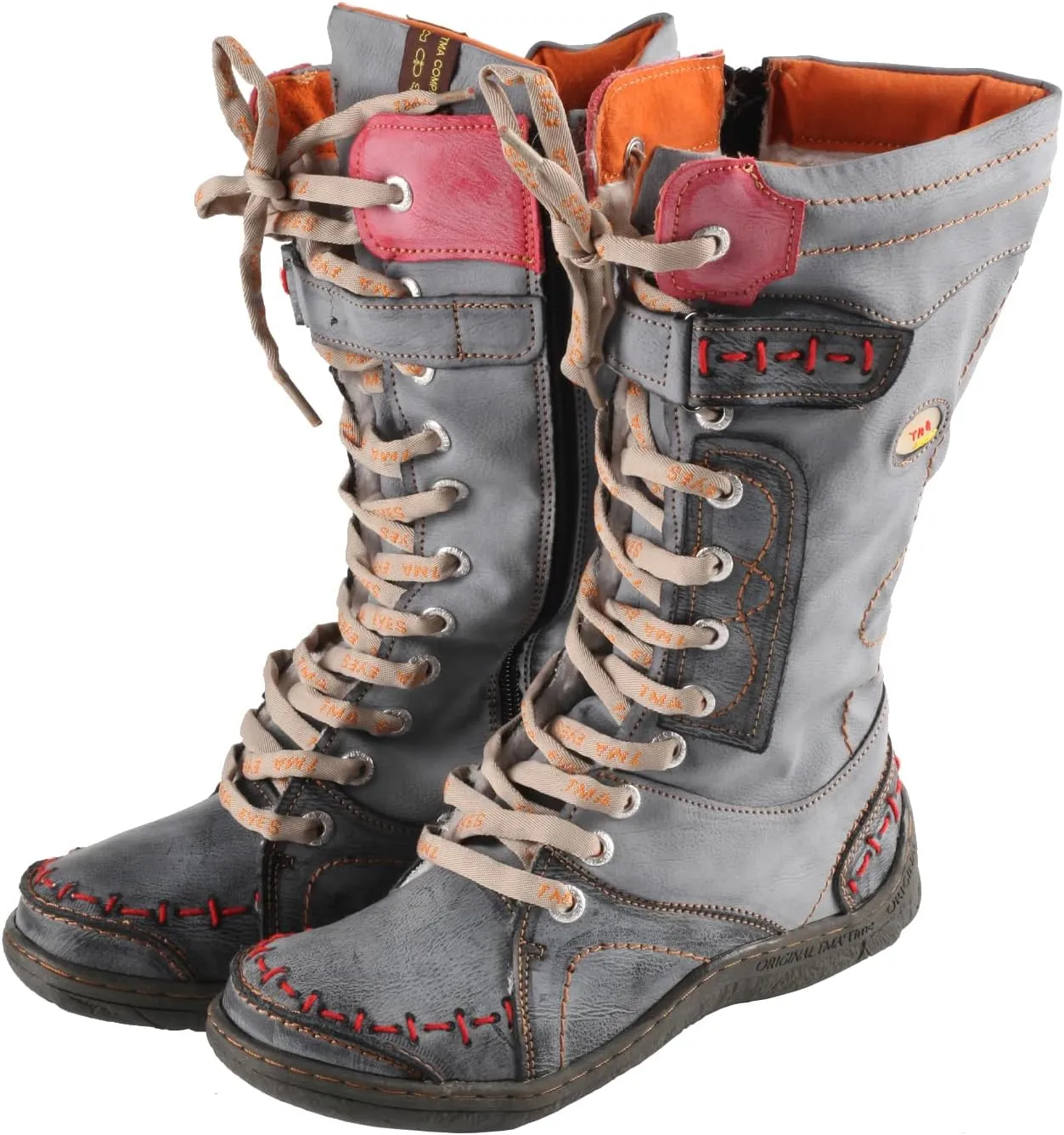 TMA EYES Women's Leather Casual Mid-Calf Boots Fashion Non-slip and Patchwork With Handstitching upper Boots