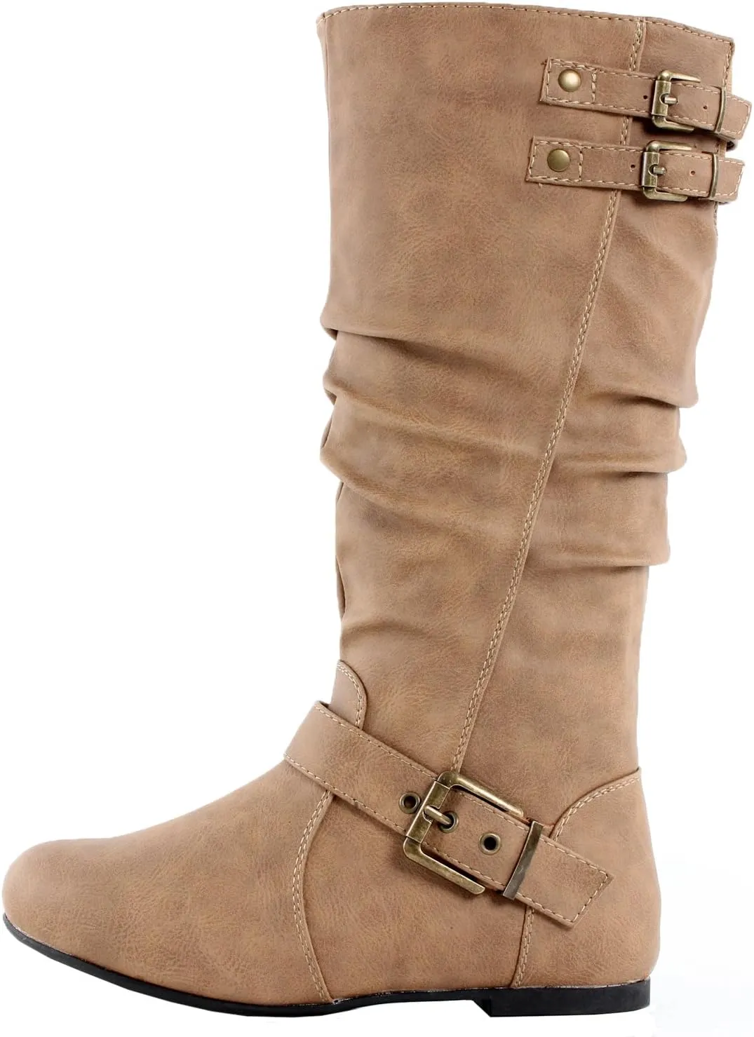 TOP Moda Night-76 Women's Mid Calf Round Toe Buckle Slouched Flat Boots