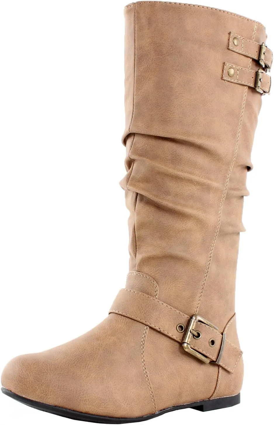 TOP Moda Night-76 Women's Mid Calf Round Toe Buckle Slouched Flat Boots