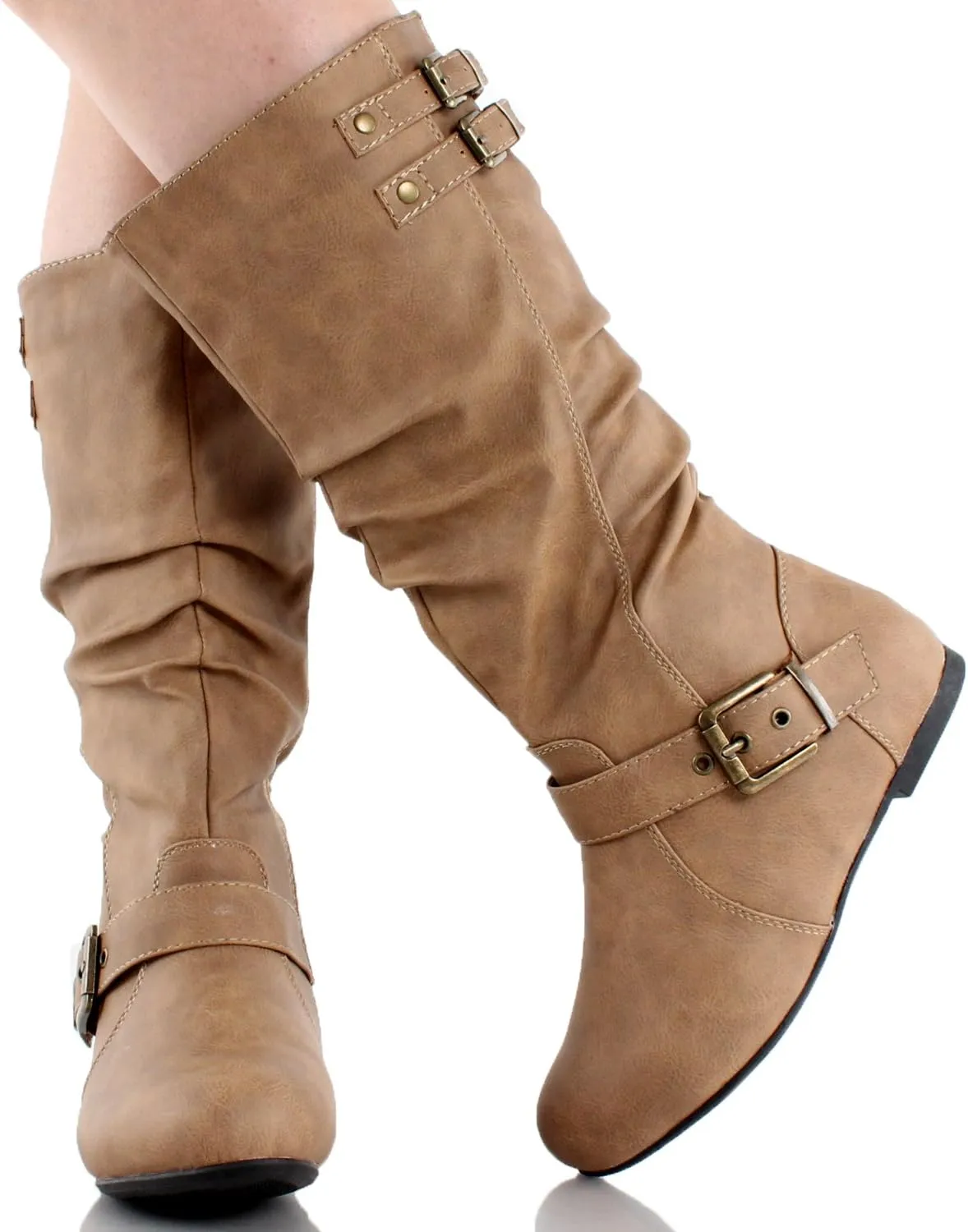 TOP Moda Night-76 Women's Mid Calf Round Toe Buckle Slouched Flat Boots