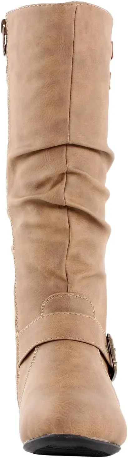 TOP Moda Night-76 Women's Mid Calf Round Toe Buckle Slouched Flat Boots