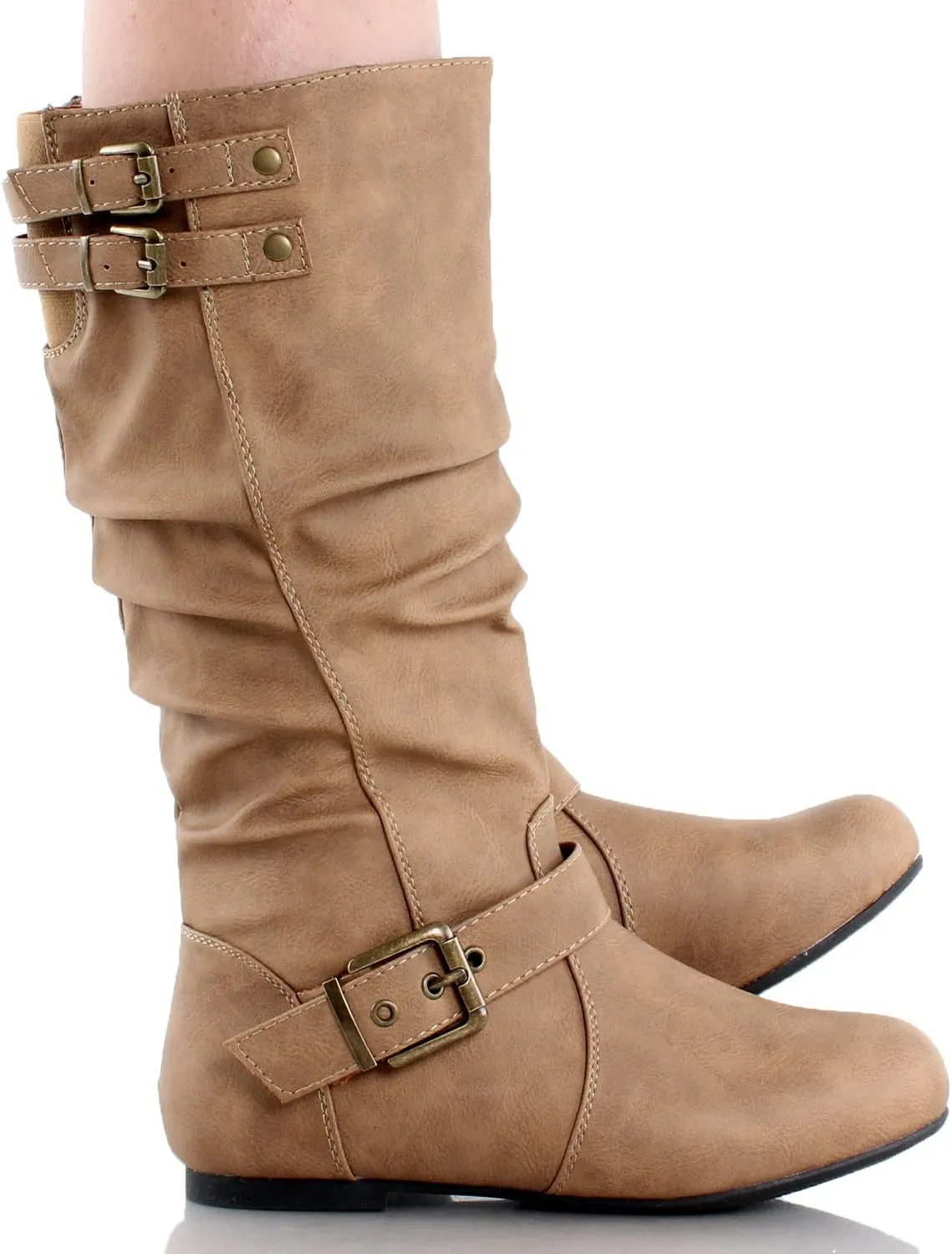 TOP Moda Night-76 Women's Mid Calf Round Toe Buckle Slouched Flat Boots