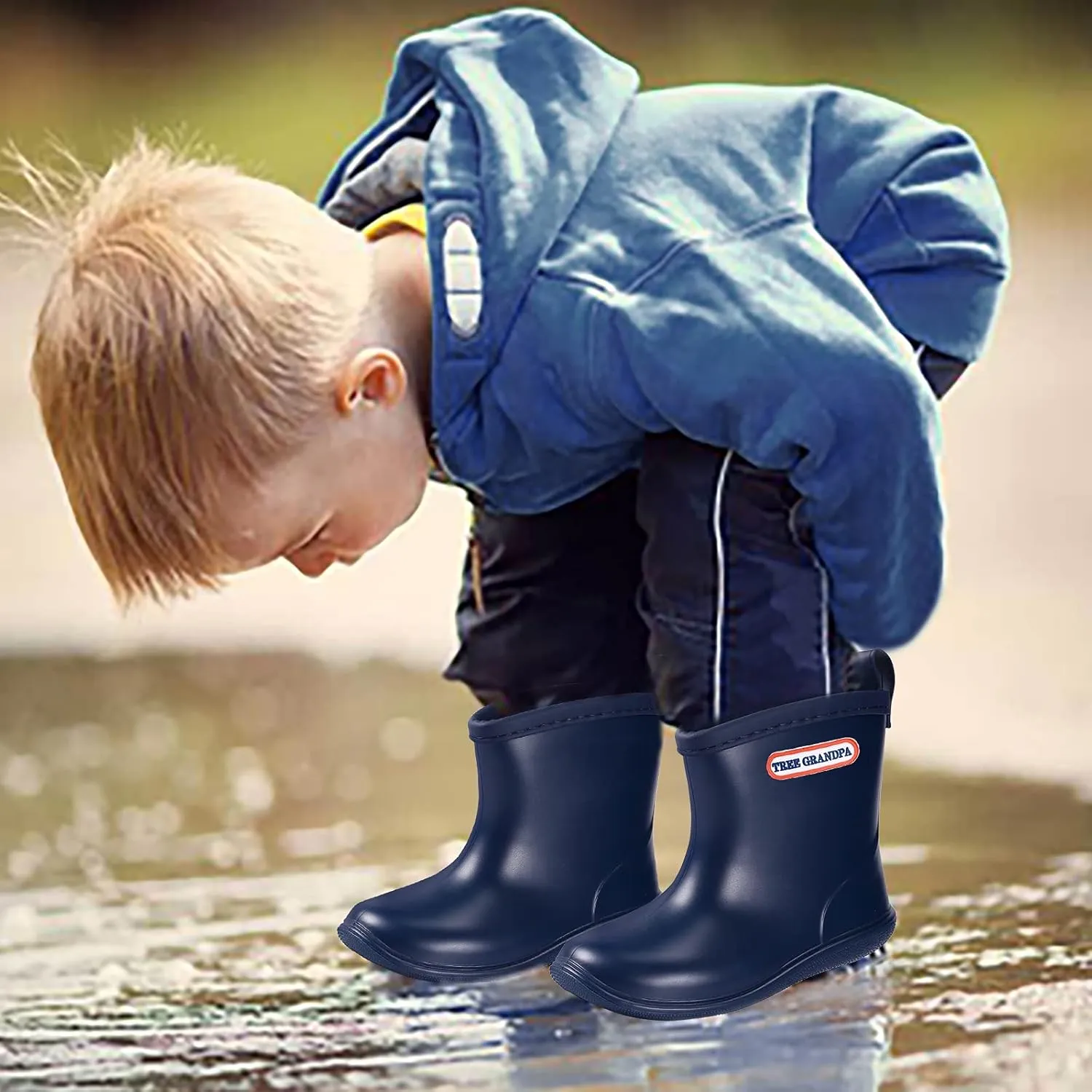 Tree Grandpa Toddler Rain Boots for Boys Girls Waterproof Baby Kids Rain Boots With Easy-on