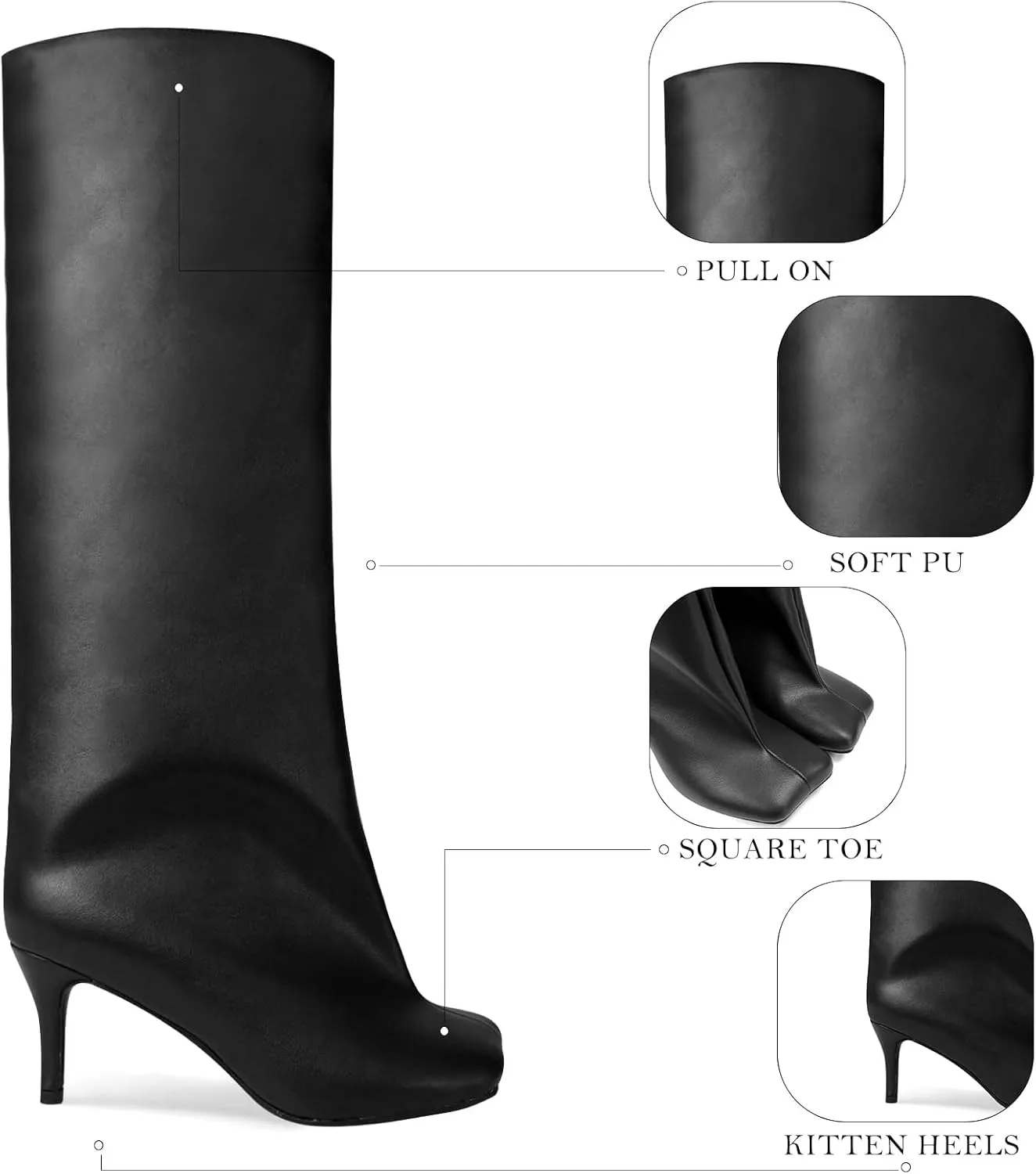 UBWDU Women's Suede Knee High Boots Square Toe Stiletto Heels Wide Calf Tall Boots