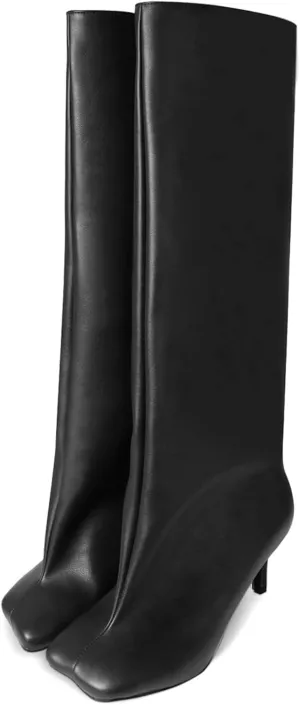 UBWDU Women's Suede Knee High Boots Square Toe Stiletto Heels Wide Calf Tall Boots