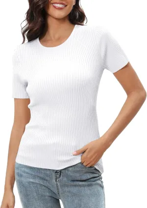 Urban CoCo Women's Short Sleeve T Shirts Summer Crewneck Tops Ribbed Knit Slim Fit Shirt Casual Basic Tees Tops