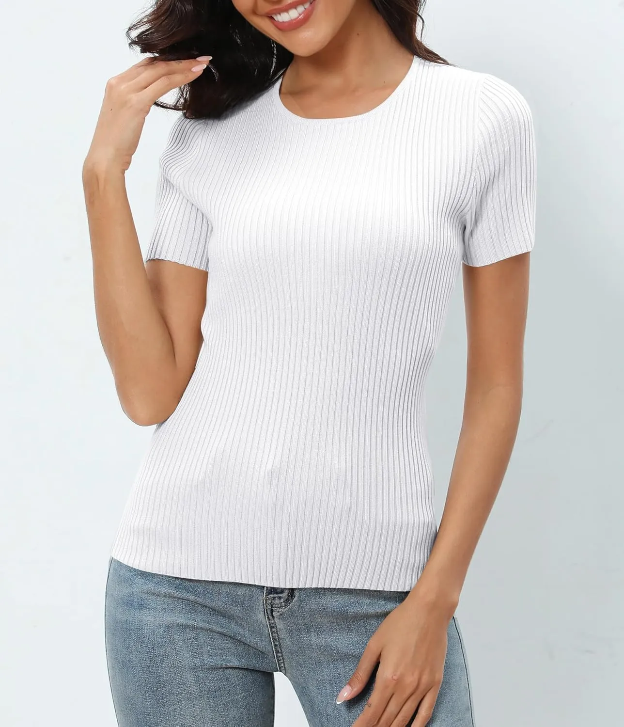 Urban CoCo Women's Short Sleeve T Shirts Summer Crewneck Tops Ribbed Knit Slim Fit Shirt Casual Basic Tees Tops