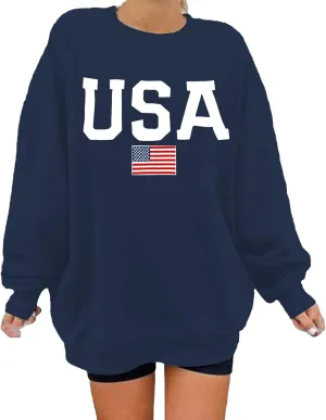 USA Sweatshirt for Women American Flag Shirt Patriotic TShirt Stars Stripes Long Sleeve Pullover Crew Neck Tee Tops