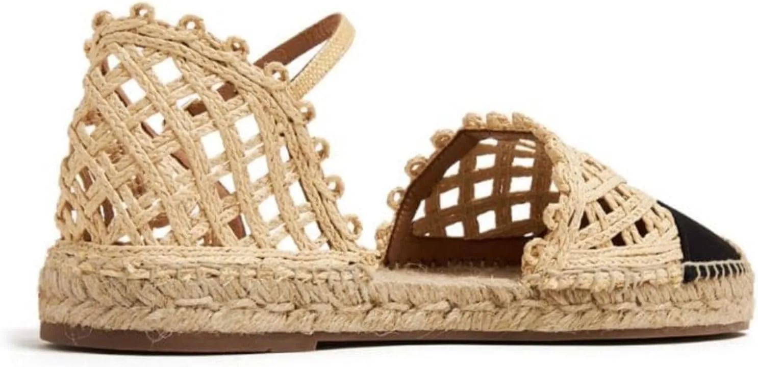 VARECOLA Women Round Toe Flat Sandals Shoes Strappy Multicolor Straw Woven Apricot Espadrilles Elegant Chic Braided Raffia No-heel Black