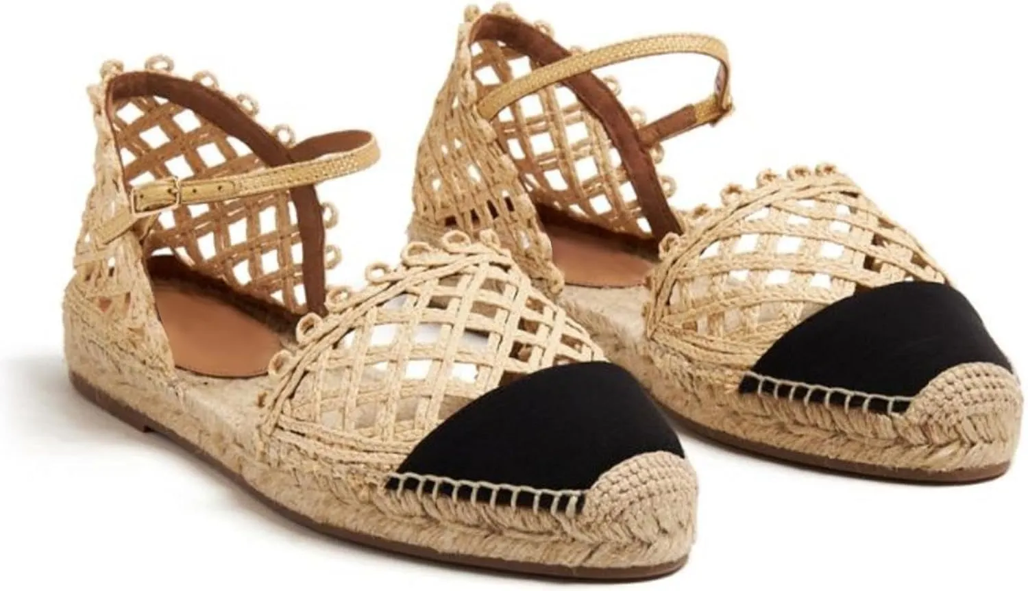 VARECOLA Women Round Toe Flat Sandals Shoes Strappy Multicolor Straw Woven Apricot Espadrilles Elegant Chic Braided Raffia No-heel Black