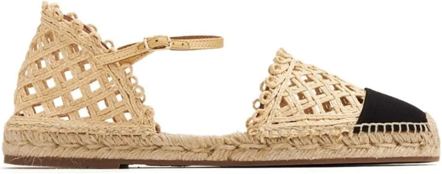 VARECOLA Women Round Toe Flat Sandals Shoes Strappy Multicolor Straw Woven Apricot Espadrilles Elegant Chic Braided Raffia No-heel Black