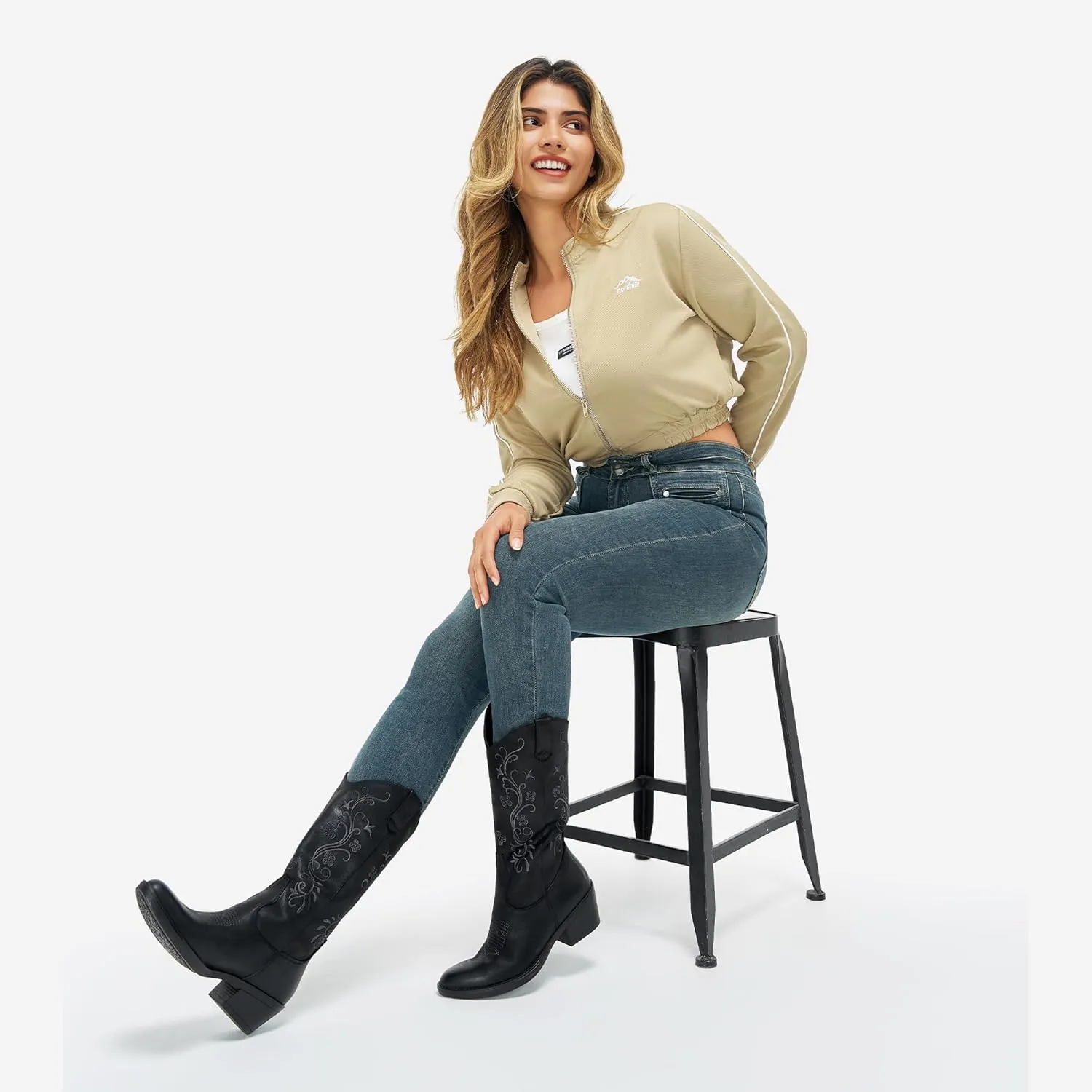 Vepose Women's Cowboy Boots, Embroidered Western Mid-Calf 9802 Cowgirl Boots, Pointed Toe Pull on Boots with Chunky Heel