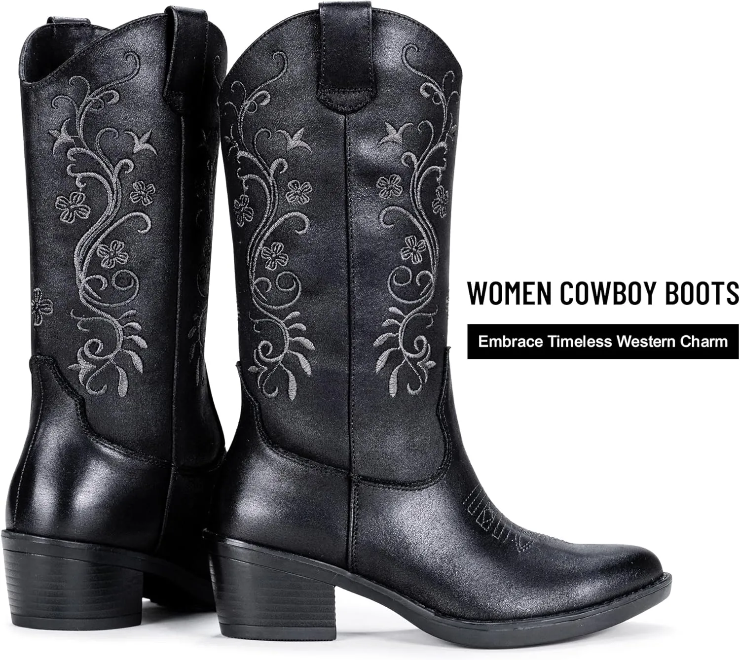 Vepose Women's Cowboy Boots, Embroidered Western Mid-Calf 9802 Cowgirl Boots, Pointed Toe Pull on Boots with Chunky Heel