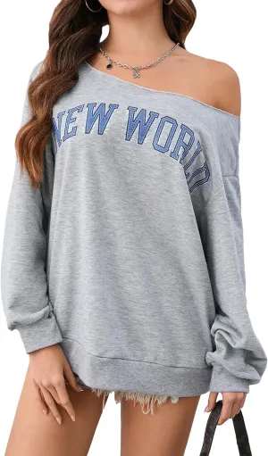 Verdusa Women's Letter Graphic Off The Shoulder T Shirts Long Sleeve Loose Sweatshirt Tee Tops