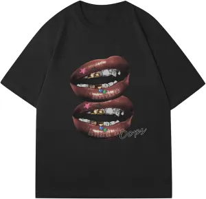 Verdusa Women's Lips Print Graphic Tees Y2k T Shirts Summer Crew Neck Vintage Going Out Tops
