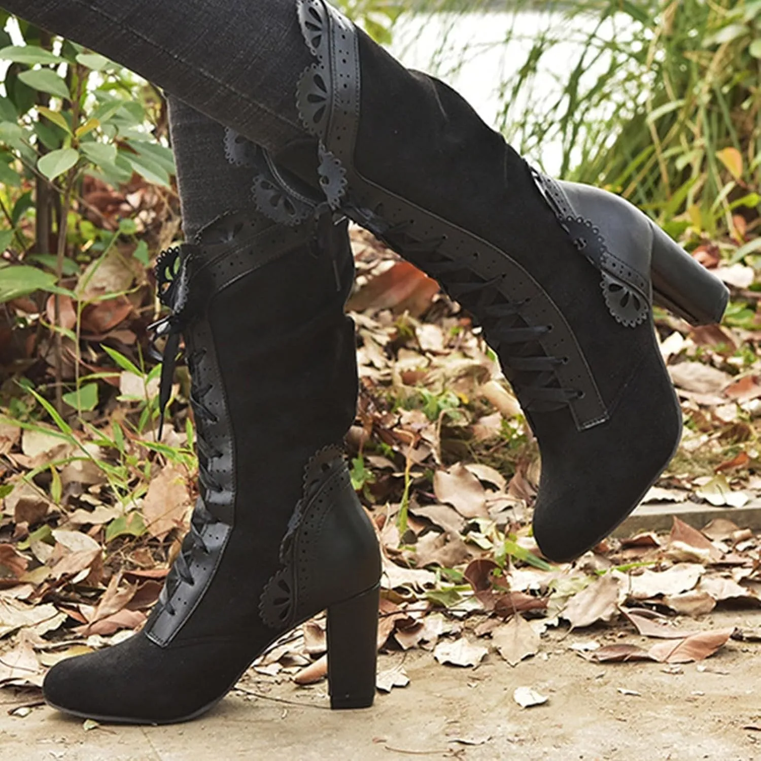 Victorian Boots for Women Casual Lace Up Renaissance Boots Mid Heels Vintage Boots Retro Halloween Cosplay Witch Shoes