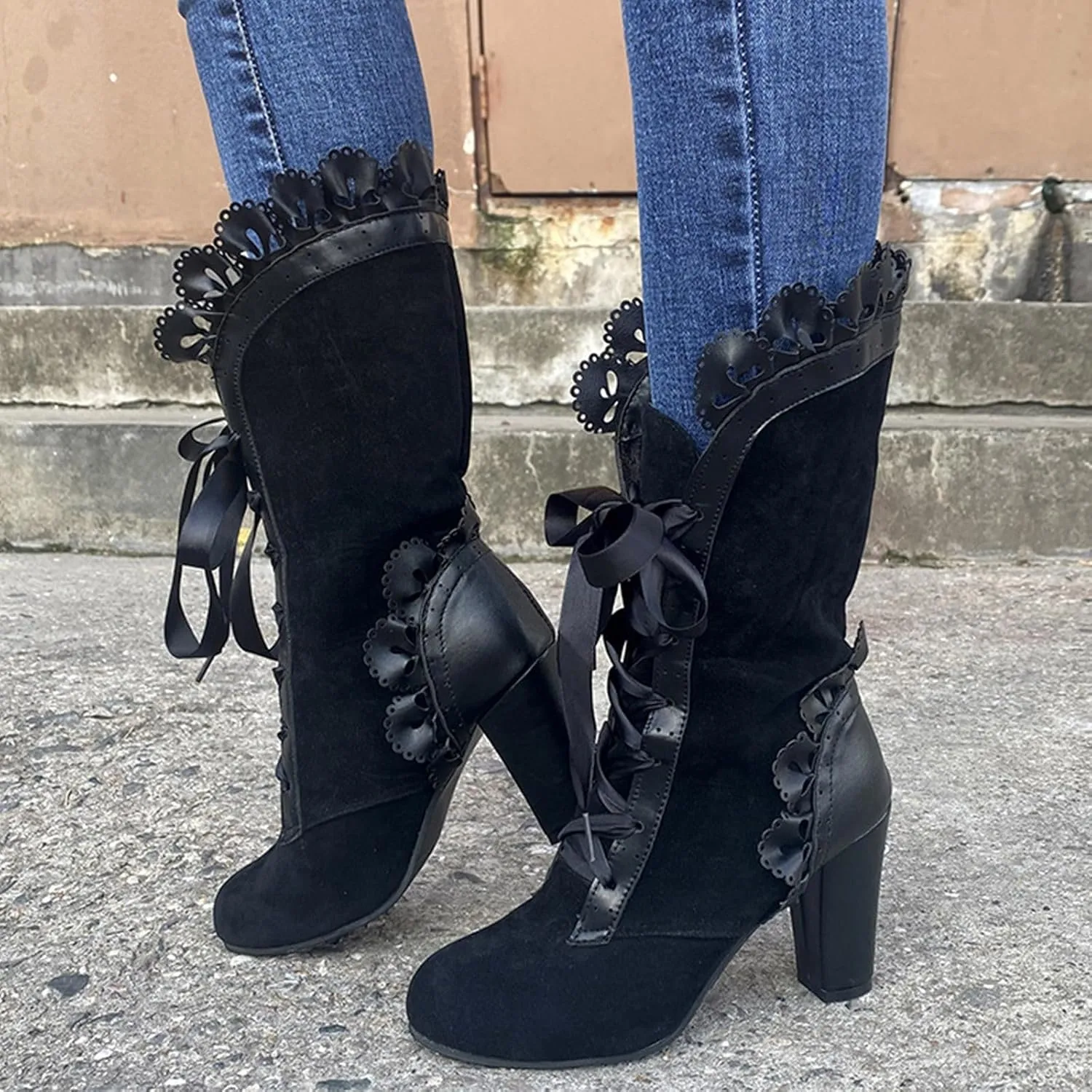 Victorian Boots for Women Casual Lace Up Renaissance Boots Mid Heels Vintage Boots Retro Halloween Cosplay Witch Shoes