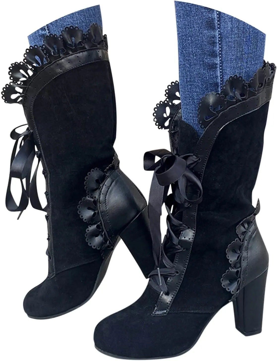 Victorian Boots for Women Casual Lace Up Renaissance Boots Mid Heels Vintage Boots Retro Halloween Cosplay Witch Shoes
