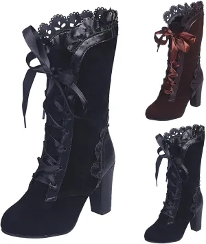 Victorian Boots for Women Casual Lace Up Renaissance Boots Mid Heels Vintage Boots Retro Halloween Cosplay Witch Shoes